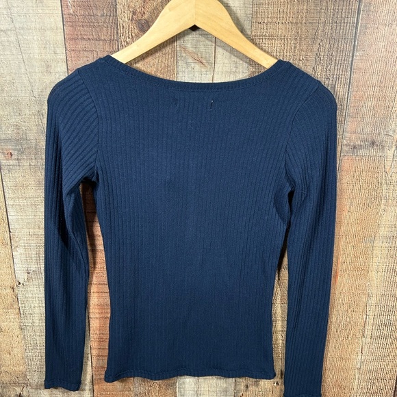 Hollister Y2K 2000s Ribbed Henley Top Navy Blue Long Sleeve Fitted Small Shirt - Picture 5 of 5